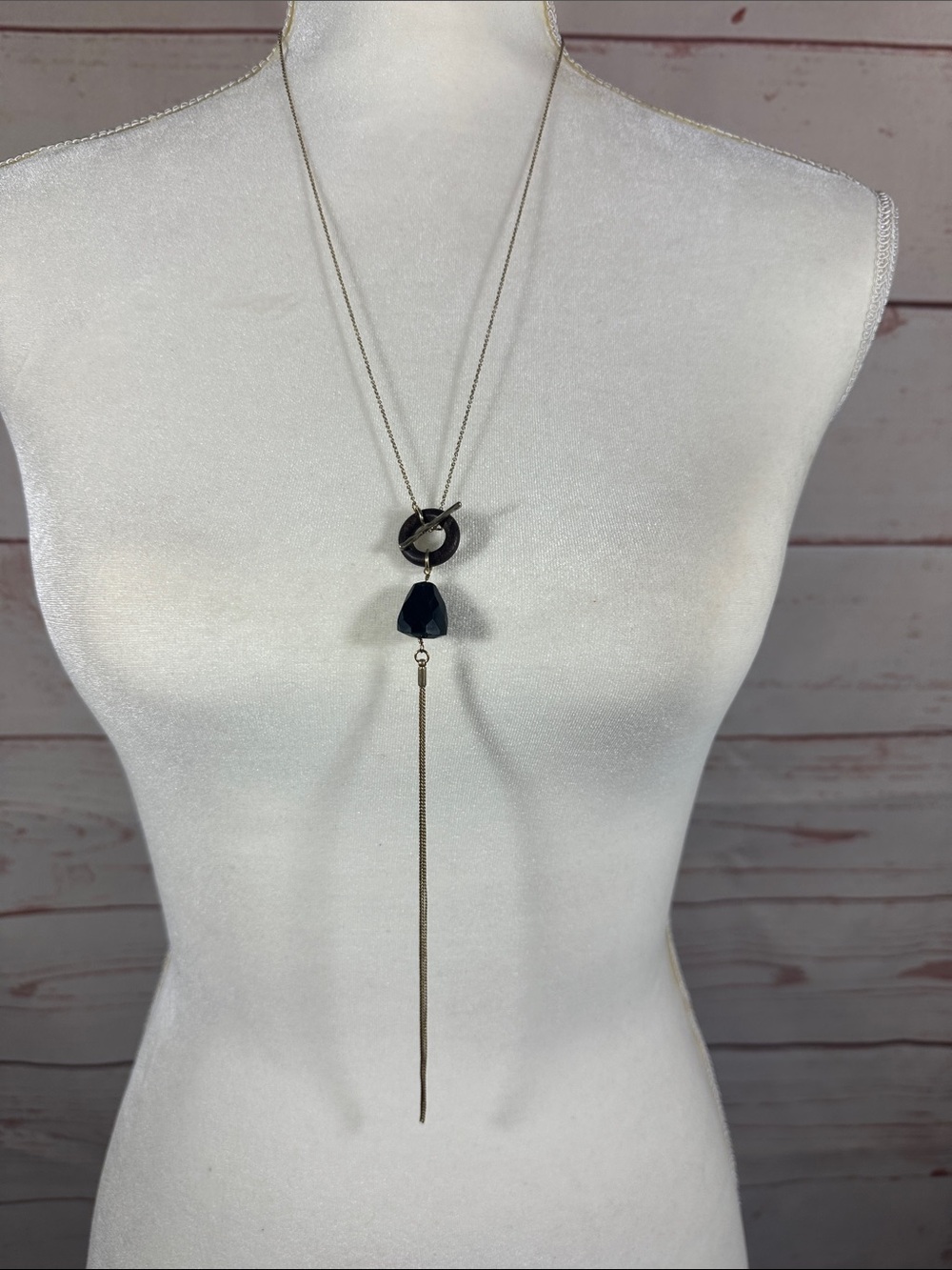 Long Gold Y-Necklace with Black Stone Pendant